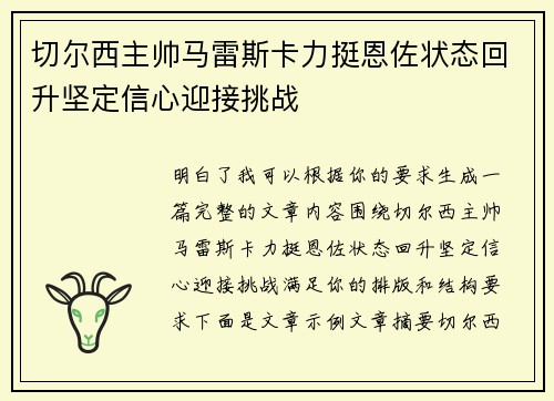 切尔西主帅马雷斯卡力挺恩佐状态回升坚定信心迎接挑战 切尔西主帅马雷斯卡力挺恩佐状态回升坚定信心迎接挑战