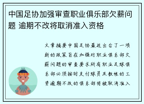 中国足协加强审查职业俱乐部欠薪问题 逾期不改将取消准入资格