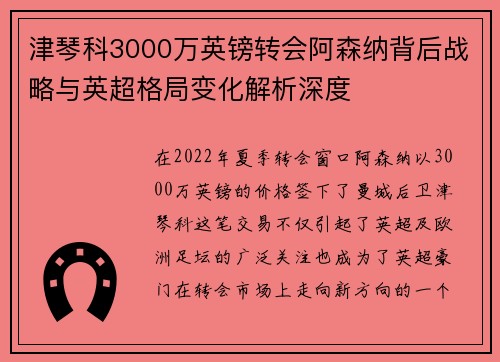 津琴科3000万英镑转会阿森纳背后战略与英超格局变化解析深度