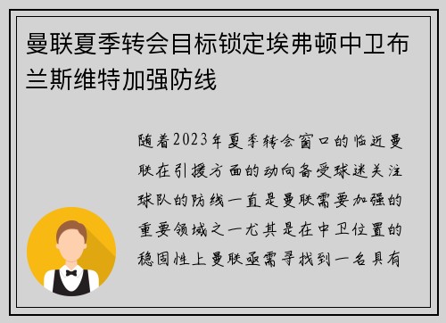 曼联夏季转会目标锁定埃弗顿中卫布兰斯维特加强防线